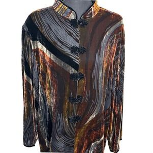 A Touch Of Class Velvet Silk Burnout Jacket 2X Brown Black Frog Toggle Artsy Y2K
